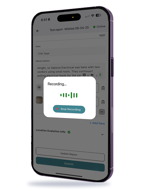 IQ-Inspect mobile app showing voice recording for field inspection